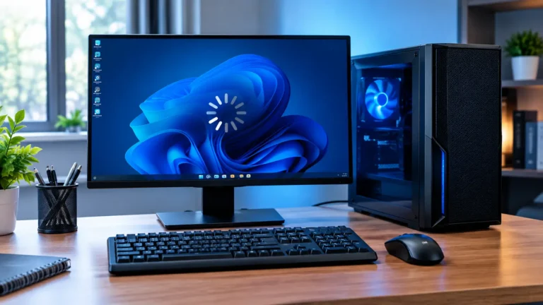 Why Does My Computer Keep Freezing? desktop computer with a frozen Windows screen and loading icon