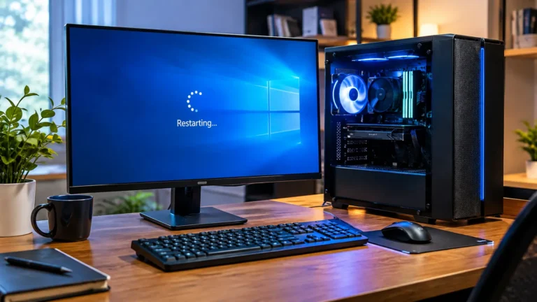 Why Does My Computer Keep Restarting? A desktop monitor displays a restarting screen beside a blue-lit PC tower.
