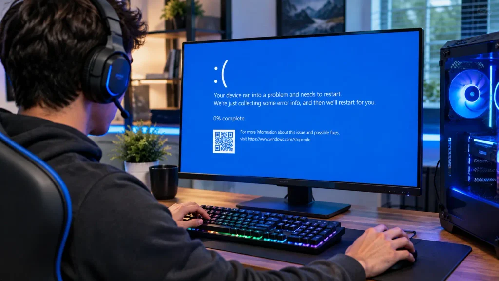 Why Does Windows 11 Blue Screen While Gaming? A gamer faces a blue screen error on a desktop monitor.