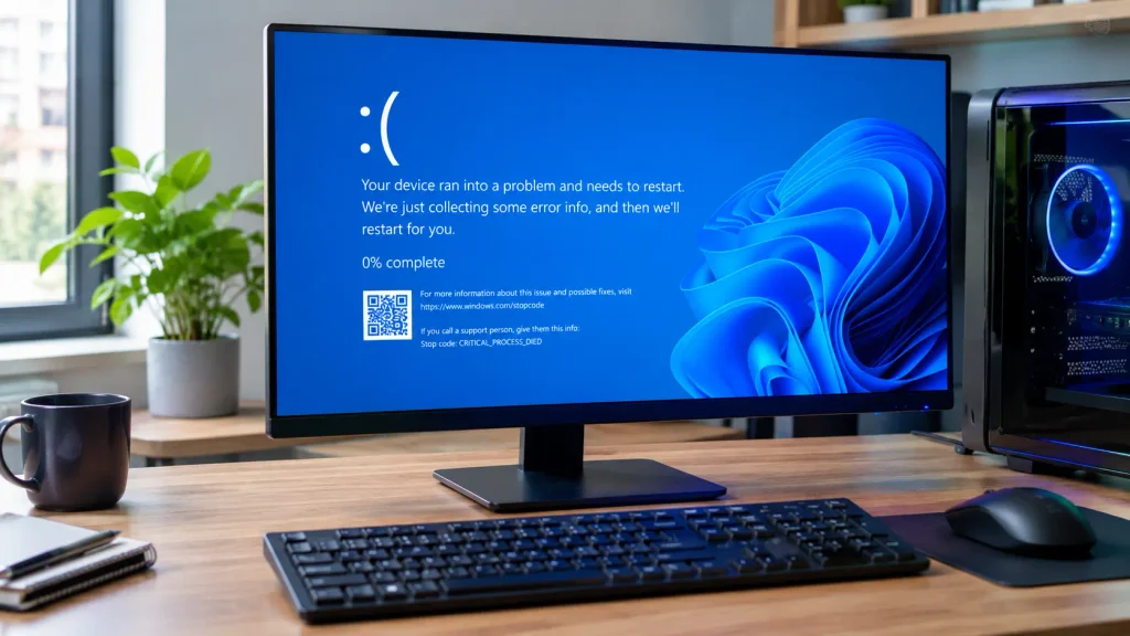 Why Does Windows 11 Keep Crashing? A desktop monitor displays a blue error screen beside a computer tower.
