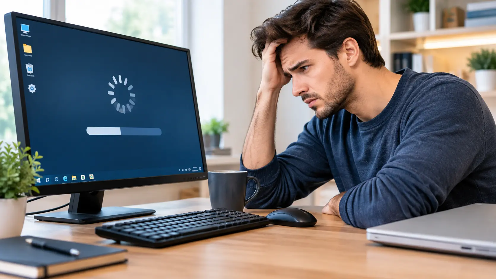 Why Is My Computer So Slow All of a Sudden? A frustrated user waits for a slow-loading computer on a desktop.