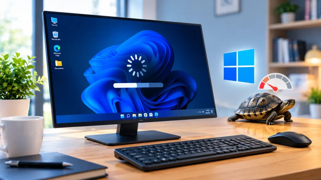 Why Is Windows 11 So Slow All of a Sudden? A desktop monitor shows a slow Windows 11 screen with a loading bar.