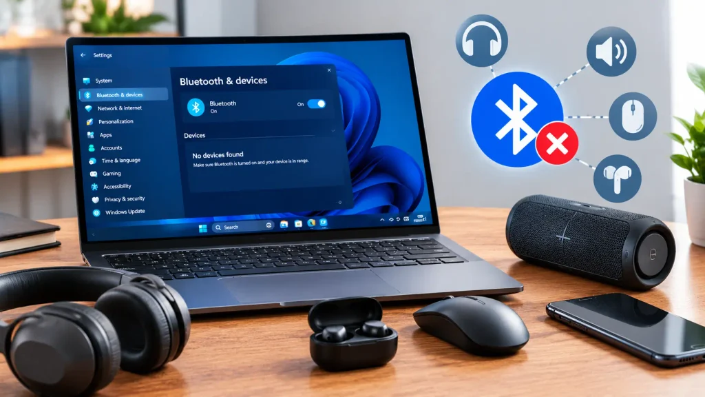 What Causes Bluetooth Problems in Windows 11 with a laptop showing Bluetooth errors and nearby wireless devices
