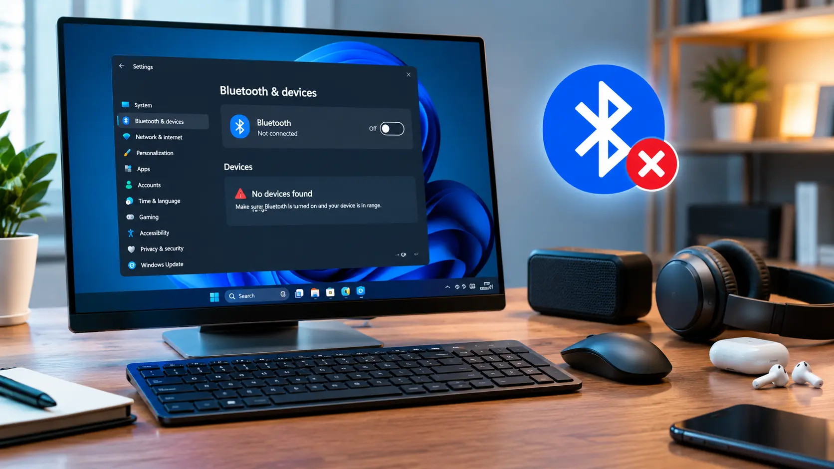 Windows 11 Bluetooth Not Working on a desktop computer with Bluetooth devices showing connection errors
