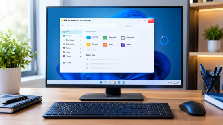 Windows 11 File Explorer Not Responding? A frozen File Explorer window appears on a desktop monitor with a loading icon.