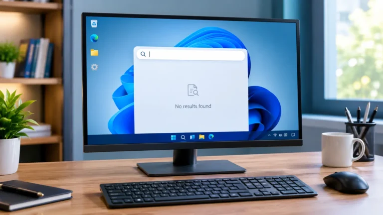 Windows 11 Search Not Working? Computer monitor showing no results in the Windows search panel.